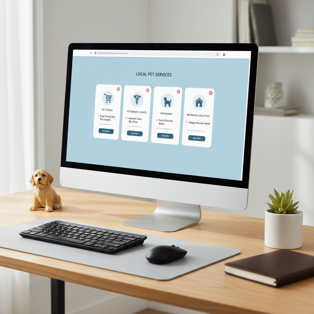 An inviting desktop computer setup on a light wood office desk displaying a photographic pet directory search results page. The monitor shows a clean, professional interface with neatly organized cards for local pet stores, vets, groomers, and boarding facilities, each featuring crisp icons of animals and location pins. Around the monitor sit a small ceramic dog figurine, a closed leather notebook, and a minimalist potted plant. Soft diffused daylight from an unseen window illuminates the scene, creating gentle highlights on the screen edge and keyboard. Captured from a slightly elevated three-quarter angle with shallow depth of field, the mood is efficient, trustworthy, and businesslike, emphasizing ease of finding pet services online without including any people.