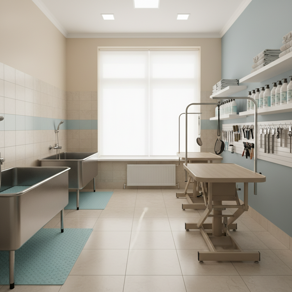 A spotless pet grooming salon interior designed in soft neutrals and light blues, rendered in photographic realism. Two stainless steel grooming tubs with non-slip rubber mats line one wall, while adjustable grooming tables with neatly hung tools—brushes, clippers, and combs—occupy the center of the room. Shelves display organized rows of premium shampoos and grooming products in tasteful packaging. Large front windows allow abundant natural daylight, diffused by sheer white blinds, creating a bright yet gentle ambiance with soft shadows. Shot from a wide-angle, slightly elevated viewpoint to capture the full space, the composition highlights cleanliness, order, and professionalism, perfectly suited for showcasing a grooming service within a comprehensive pet services directory.