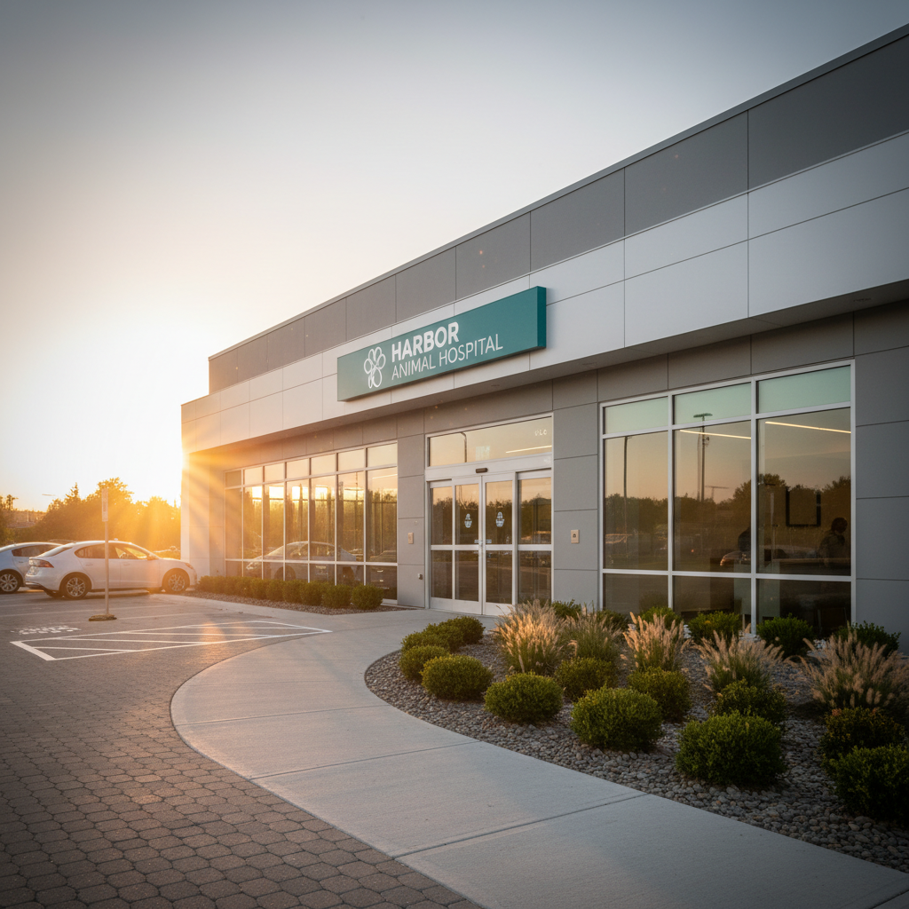 A state-of-the-art veterinary clinic exterior at golden hour, photographed in realistic detail. The building has clean white and soft gray panels, large glass windows, and a modern teal sign featuring a stylized paw and medical cross. A tidy landscaped entrance with trimmed shrubs and a small, well-marked parking area leads up to automatic glass doors. Warm, low-angle sunlight casts soft, elongated shadows and creates a gentle glow on the facade, emphasizing cleanliness and care. Captured from a slightly low-angle perspective to give a sense of trust and authority, with crisp focus and a subtle vignette to draw the eye to the clinic entrance. The mood is professional, reassuring, and ideal for a high-quality vet listing in a pet directory.