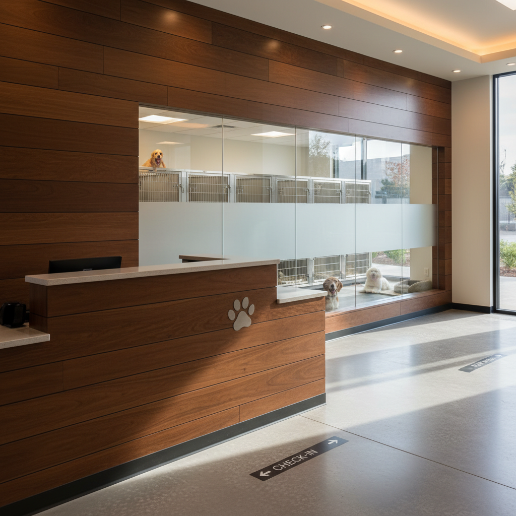A professional, high-end pet boarding and daycare facility lobby captured in realistic photographic style. The reception area features sleek wood paneling, a built-in counter with a subtle paw-print logo, and a frosted glass partition revealing rows of clean, spacious kennels with stainless steel bars and soft bedding inside. The floor is polished concrete with clear directional signage embedded. Recessed ceiling lights and a large side window provide a balance of warm artificial light and natural daylight, casting gentle, controlled shadows that emphasize the space’s tidiness. Shot at eye level with a slight depth of field so the foreground reception counter is in sharp focus while the kennels softly recede, the mood is secure, organized, and trustworthy, ideal for a directory entry about reputable pet boarding services.