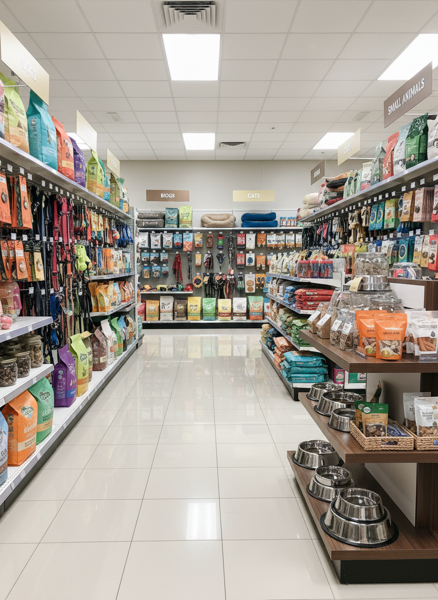 A bright, well-stocked pet supply store interior captured in photographic realism, with neatly organized aisles of colorful pet food bags, sturdy leashes, plush beds, and durable toys for dogs, cats, birds, and small animals. In the foreground, a tasteful endcap display features matching stainless steel bowls and premium treats. The store has polished tile flooring, clean signage above each aisle, and subtle branding on shelf labels. Overhead LED lighting provides even, neutral illumination, eliminating harsh shadows and making all products clearly visible. Shot at eye level down the main aisle with strong depth of field, the composition conveys order, professionalism, and reliability, ideal for illustrating local pet store listings in a directory context.